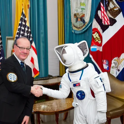 Image similar to cat astronaut shakes the hands with president