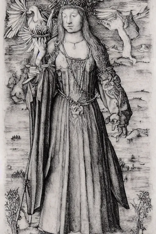 Prompt: albrecht durer, albrecht altdorfer, hans holbein, lucas cranach, gustave dore, engraving-style tattoo of regal female boddhisatva with the attributes of Diana, Athena, Guanyin, Shakti, Deborah, and Seshat, wearing a robe, standing gracefully upon a lotus, surrounded by egrets and northern wetland flora