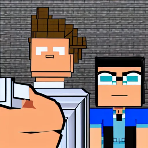 Image similar to photography of phoenix wright doing a selfie with walter white in minecraft, black and white, dark, clear