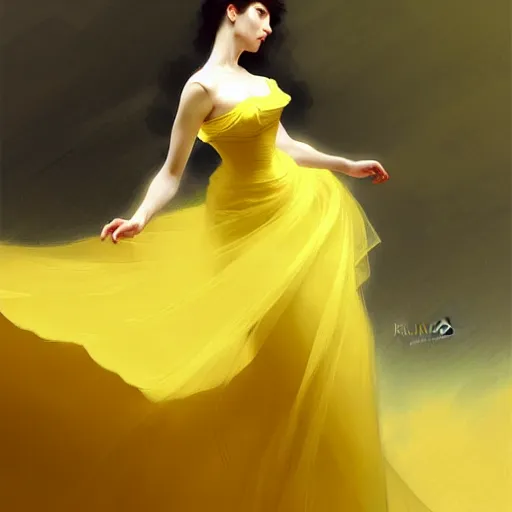 Image similar to a voluminous woman in a yellow organza dress dancing, intricate, elegant, digital painting, concept art, smooth, sharp focus, illustration, from metal gear, by ruan jia and mandy jurgens and william - adolphe bouguereau, artgerm