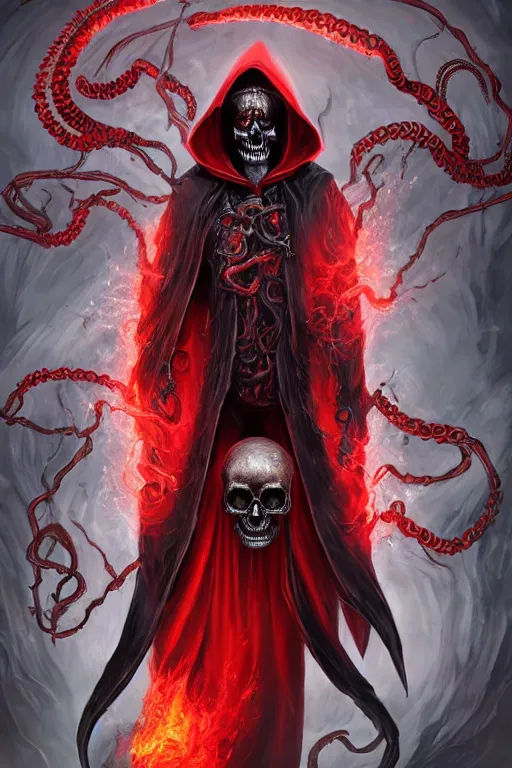 Prompt: A full body portrait of a mysterious character with a flaming skull with a very long hooded blood red and black cloak, tentacles coming out the ground art by Jason Chan and Feng Zhu, ominous, cosmic horror, trending on artstation, Ultra detailed, hyper realistic 4k