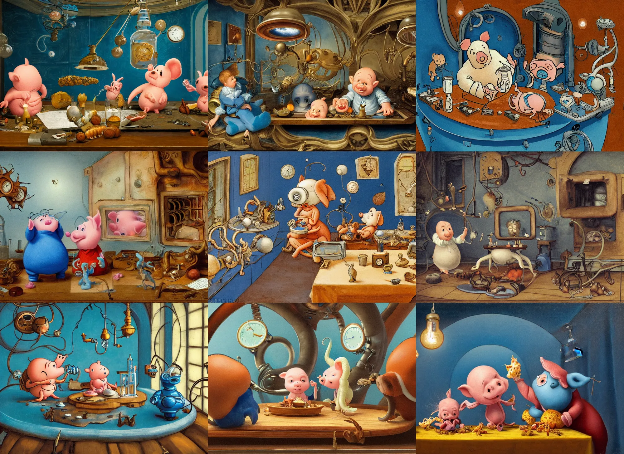 Prompt: portly little squid - piglet - scientists enjoying a snack in a biomechanical space station, rococo, baroque, bucolic, comforting, renaissance, american realist, cerulean blue and burnt sienna, modeled lighting, atmospheric