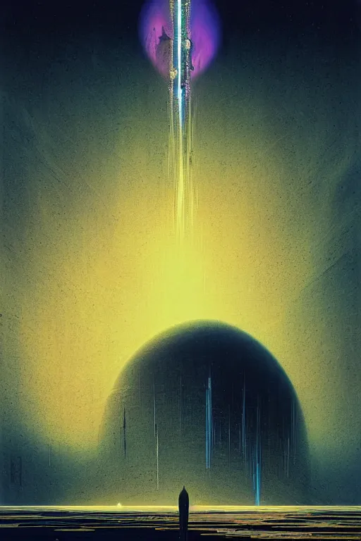 Prompt: emissary space by arthur haas and bruce pennington and john schoenherr, cinematic matte painting in the style of glitch art, minimal modern pixel sorting, zaha hadid building, photo realism, neon lights, dark moody color palate,