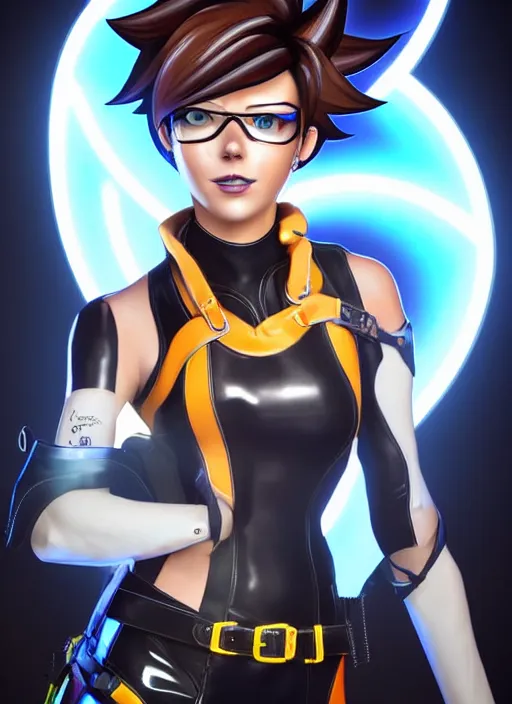 Prompt: full body digital artwork of tracer overwatch, wearing black iridescent rainbow latex, 4 k, expressive happy smug expression, makeup, in style of mark arian, wearing detailed black leather collar, wearing chains, black leather harness, leather cuffs around wrists, detailed face and eyes,