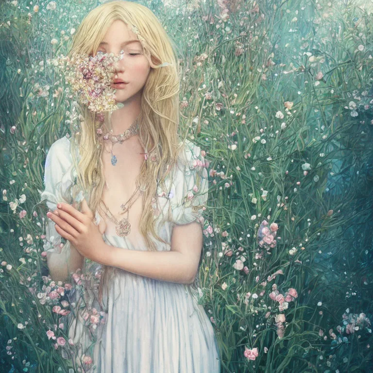 Image similar to a blonde girl in white dress in beautiful window, necklace with a fruit seed ornament, ocean eyes, light freckles, incense smoke and flowers in the background, portrait, mucha, conceptart, medium shot, unreal, octane, symmetrical, photorealism.