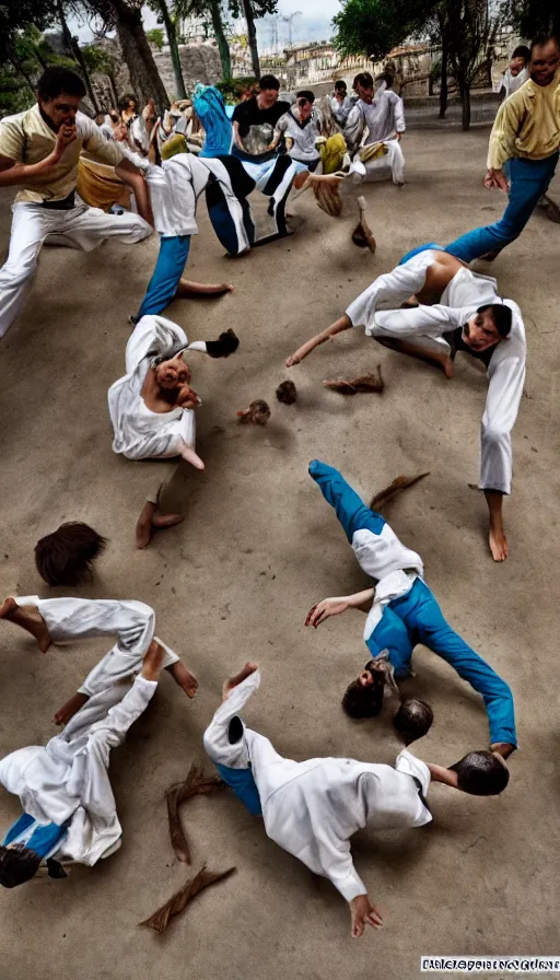 Image similar to wild animals playing capoeira in figueres city, national geographic photograph,