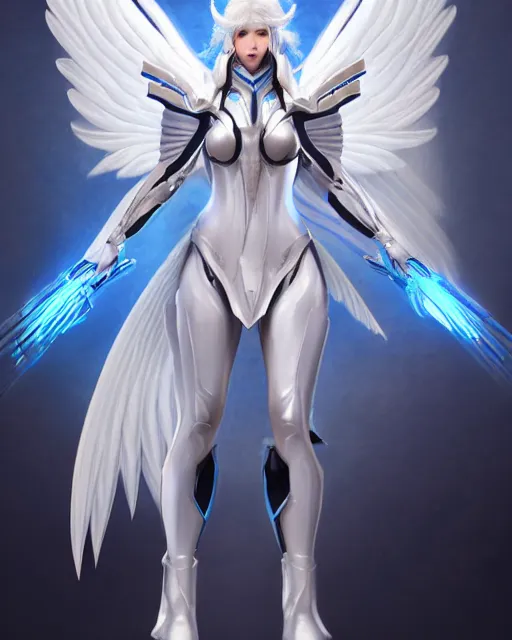 Image similar to perfect white haired attractive egyptian goddess with huge white dove wings, warframe armor, beautiful, symmetric, dreamy, half asian, pretty face, blue eyes, detailed, scifi platform, laboratory, experiment, 4 k, ultra realistic, epic lighting, android body, illuminated, cinematic, masterpiece, art by akihito tsukushi, voidstar