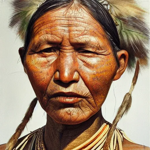 Image similar to high quality high detail painting by lucian freud, hd, portrait of a indigenous tribe woman, photorealistic lighting