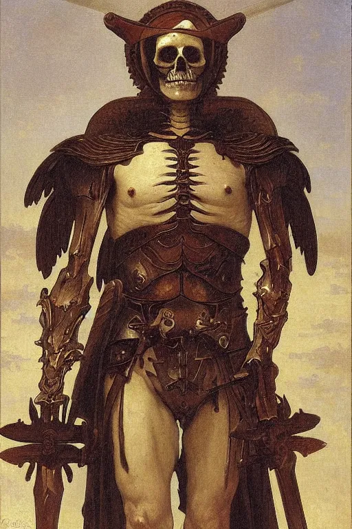 Image similar to portrait of a skeleton warrior with big sword, wearing helmets and armor with wings, symmetrical, solemn, sacred, aura, by bouguereau