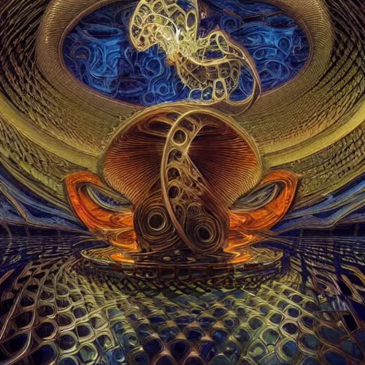 Prompt: bizarre Mobius strip, style of Donato Giancola, style of Victor Vasarely, vhs-static style, filigree style, lsd background, awesome, mind-bending . Highly detailed, photographic, cinematic, dramatic, sublime, establishing shot