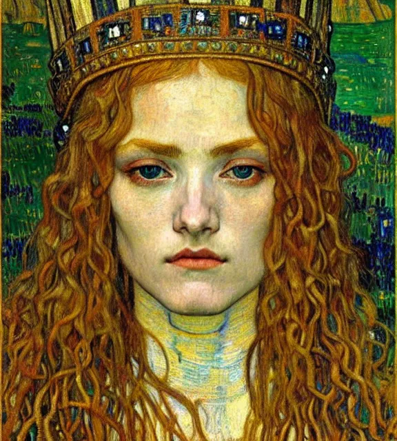 Image similar to detailed realistic beautiful young medieval queen face portrait by jean delville, gustav klimt and vincent van gogh, art nouveau, symbolist, visionary, gothic, pre - raphaelite, muted earthy colors, desaturated