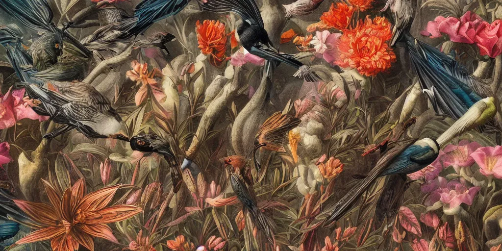 Image similar to breathtaking detailed concept art painting art deco pattern of birds amalmation blend of flowers and birds, by john james audubon, bizarre compositions, exquisite detail, extremely moody lighting, 8 k