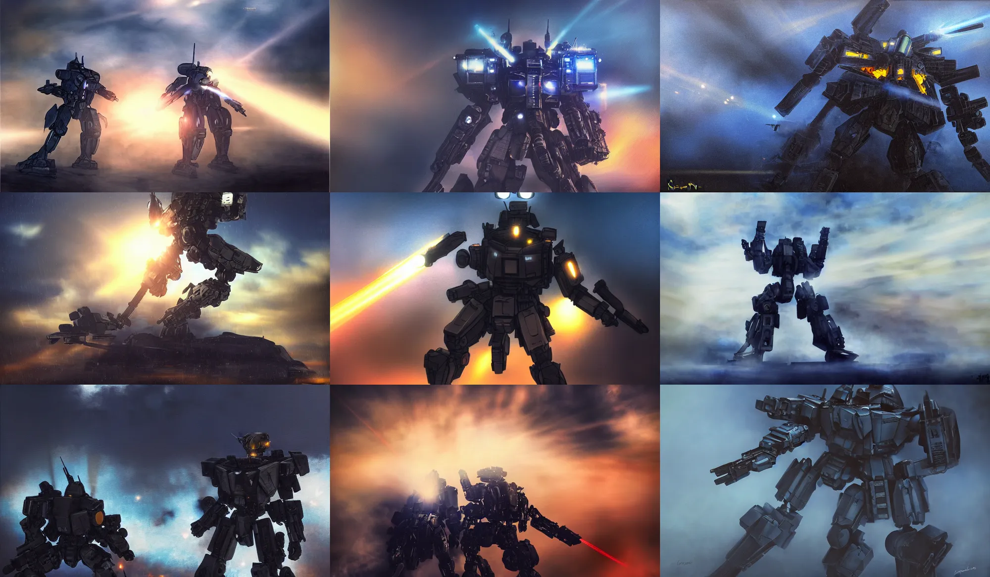 Prompt: an armored core v by kashin, wadim, booster flares, legs, laser rifles, heavy mist, very smoky, dark blue sky, cloud, golden time, twilight ; close - up, oil painting, dynamic contrast, dynamic backlighting, motion blur