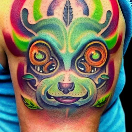 Prompt: shoulder tattoo of a multicolored spaced out cute bush baby, eyes are colorful spirals, surrounded with colorful magic mushrooms and marihuana leaves, insanely integrate