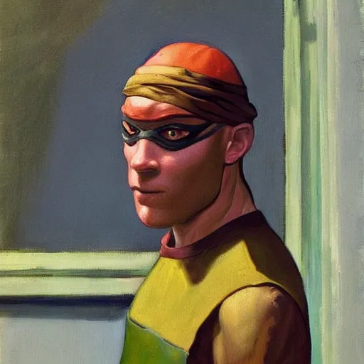 Image similar to donatello from the teenage mutant ninja turtles in a painting by edward hopper, friendly