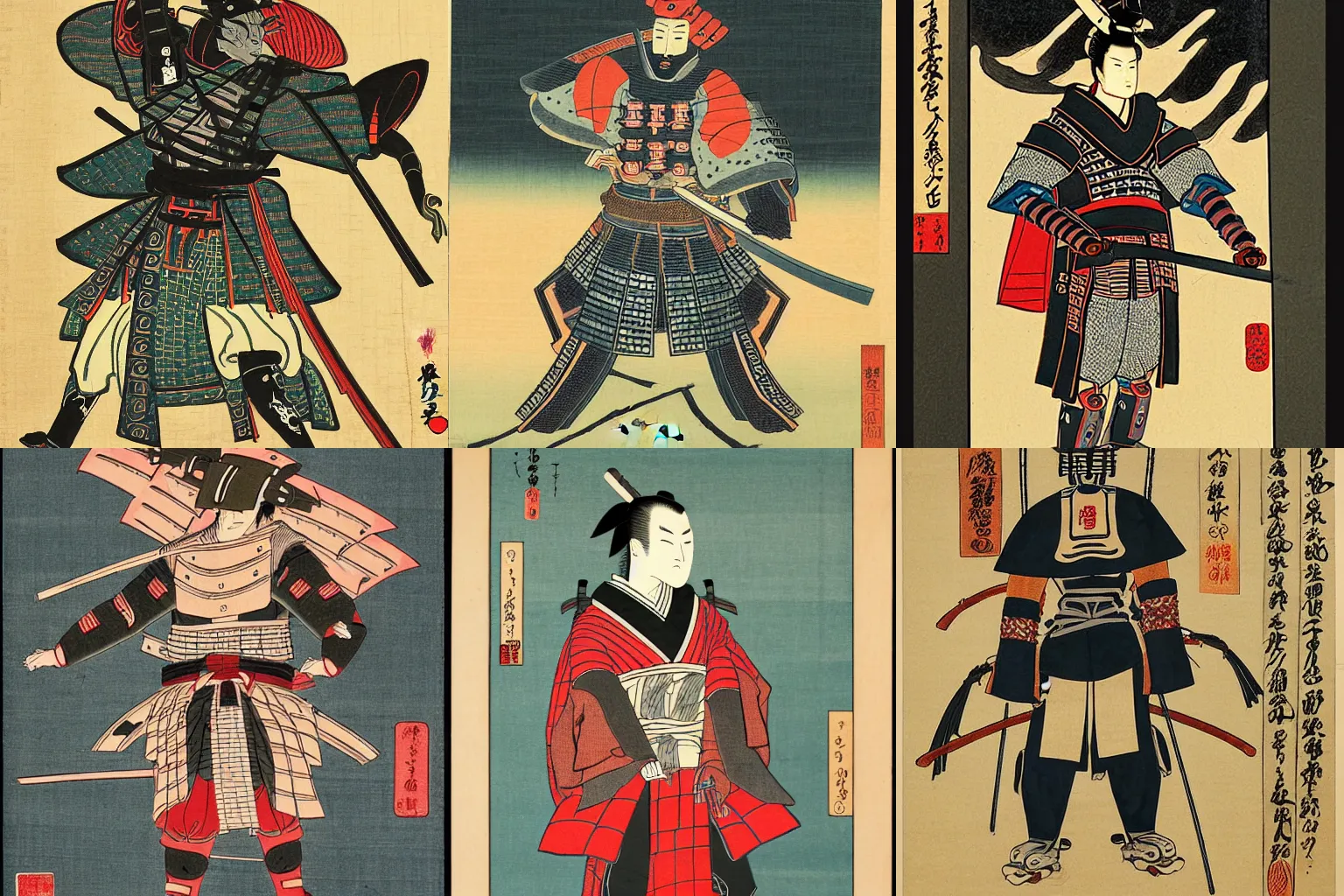 Prompt: Ancient Japanese Samurai warrior wearing cybernetic armor. Style of ukiyo-e.