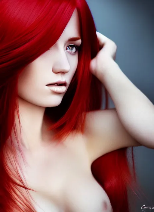 Image similar to photo of gorgeous woman with her right side hair dyed red and left side hair white in the style of stefan kostic, realistic, half body shot, sharp focus, 8 k high definition, insanely detailed, intricate, elegant, art by stanley lau and artgerm, foggy backgeound