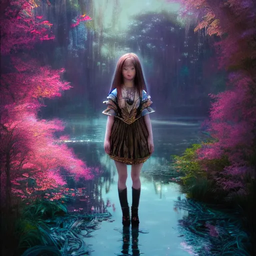 Image similar to nicolas cage as a beautiful young girl in intricate clothing by ross tran, walking in a castle, lake painted by sana takeda, rtx reflections, very high intricate details, painting, digital anime art, medium shot, mid - shot, composition by ilya kuvshinov, lighting by greg rutkowski