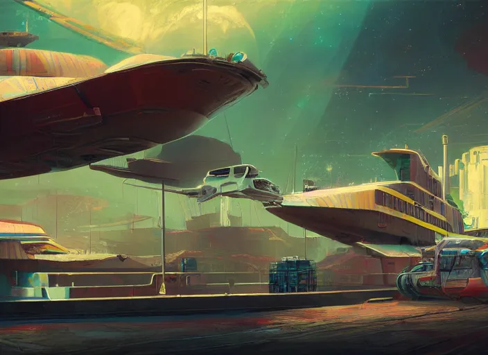 Image similar to detailed concept art illustration colorful pastel painting of a retro sci-fi solarpunk spaceship docked at port in full intricate detail, ultra detailed, digital art, octane render, 4K, dystopian, micro details