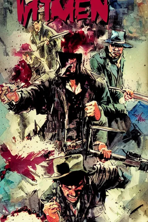 Image similar to comic cover for a book about 4 hit men arriving in the same secluded town. art by bill sienkiewicz.