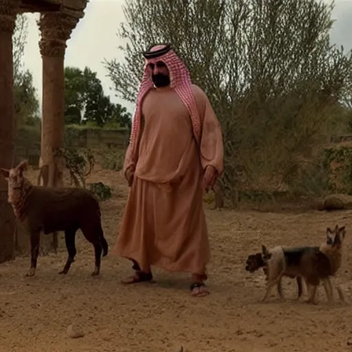 Prompt: cinematic still of angered middle eastern skinned man in ancient Canaanite farmer clothing stabbing a middle eastern skinned shepherd in ancient Canaanite shepherd clothing, garden background, directed by Christopher Nolan