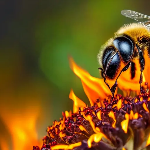 Image similar to a bee landing on a burning flower, the forest is on fire, there is fire everywhere, beautiful macro photography, perfect focus, nice composition