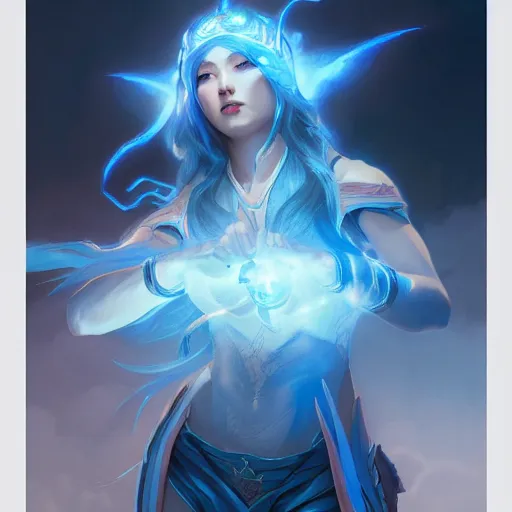 Prompt: Japanese lightning goddess, D&D, blue color palette, highly detailed, digital painting, artstation, concept art, sharp focus, illustration, cinematic lighting, art by artgerm and greg rutkowski and alphonse mucha