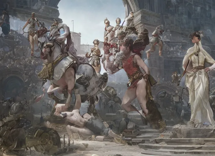 Prompt: a historical depiction of an epic scene at the roman coliseum filled with dueling gladiators, in the style of greg rutkowski and alphonse mucha, digital painting, unreal engine, extremely detailed masterpiece