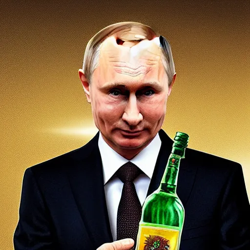 Image similar to putin holding a bottle of alcohol with the text arak, cinematic, beautiful digital painting, hyper detailed