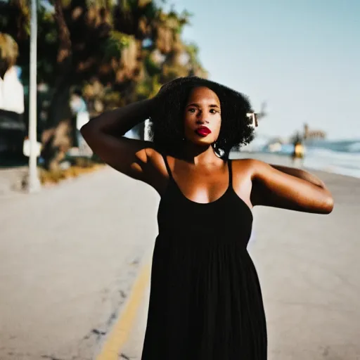 Prompt: portrait photograph of an elegant black woman wearing a sundress in Santa Monica. super resolution. 85 mm f1.8 lens.bokeh.graflex. Alessio albi