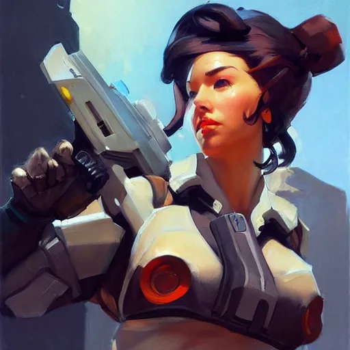 Image similar to greg manchess portrait painting of ellie as overwatch character, medium shot, asymmetrical, profile picture, organic painting, sunny day, matte painting, bold shapes, hard edges, street art, trending on artstation, by huang guangjian and gil elvgren and sachin teng