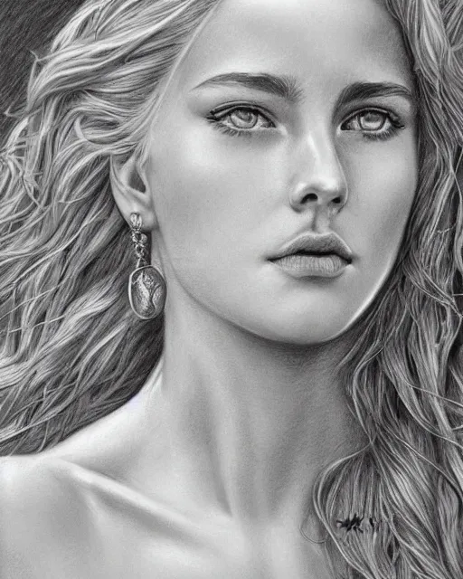 Image similar to pencil drawing of a beautiful greek goddess aphrodite with arrowhead earrings, beautiful piercing eyes, beautiful blonde hair, hyper realistic face, in the style of greg rutkowski, fantasy, amazing detail, epic, elegant, smooth, sharp focus, from the front