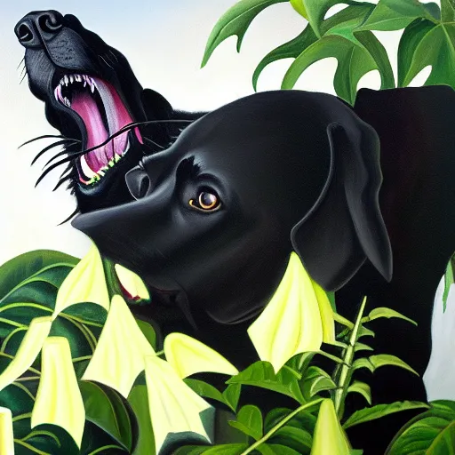 Prompt: oil painting of a vicious black dog bearing its fangs next to brugmansia suaveolens flowers, dark background, scary