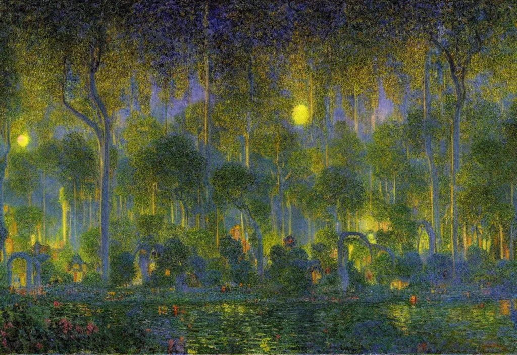 Image similar to Lothlorien at night, elven forest town with houses in the trees, as painted by Claude Monet, Maxfield Parrish, Roger Dean