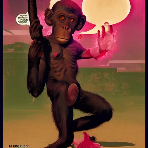 Image similar to monk fight monkey with pink gloves, retro 5 0 s style, art by by greg rutkowski and siudmak and richard corben and moebius