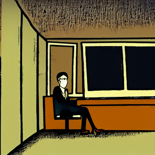 Prompt: david firth art of an office worker sitting in a cubicle surrounded by security cameras