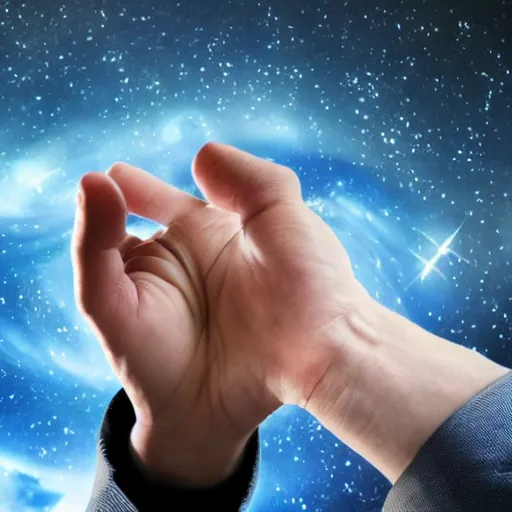 Prompt: male hands trying to stretch a galaxy, high detail of hands, sci fi