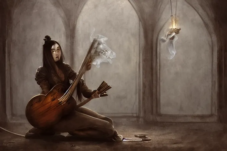 Image similar to still life of a lute with smoke wisping up from its smoldering string, cursed baroque with ebony inlay, designed by brian froud and hr giger leans against the wall alone, abandoned. an empty brutalist chamber, lonely, somberlate afternoon lighting cinematic fantasy painting by jessica rossier