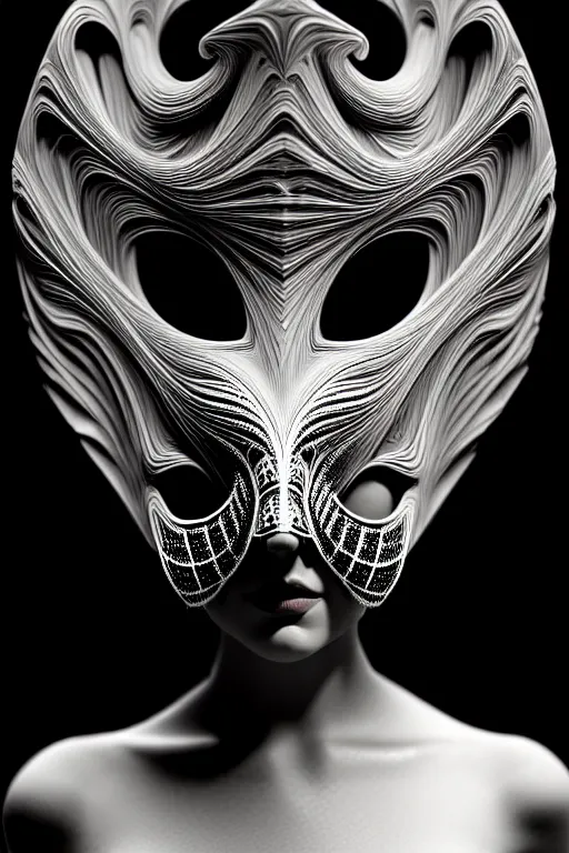 Image similar to portrait of a young beautiful woman with a mask. speed painting, fractal, mandelbulb. black and white, black on black. intricate, elegant, super highly detailed, professional digital painting, smooth, extreme illustration, Unreal Engine 5, Photorealism, HD quality, 8k resolution, 3D, beautiful, cinematic, art. art deco, art nouveau.