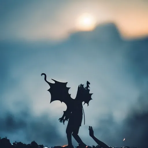 Image similar to a dragon saving a child from a fire, dramatic photography, silhouette, bokeh