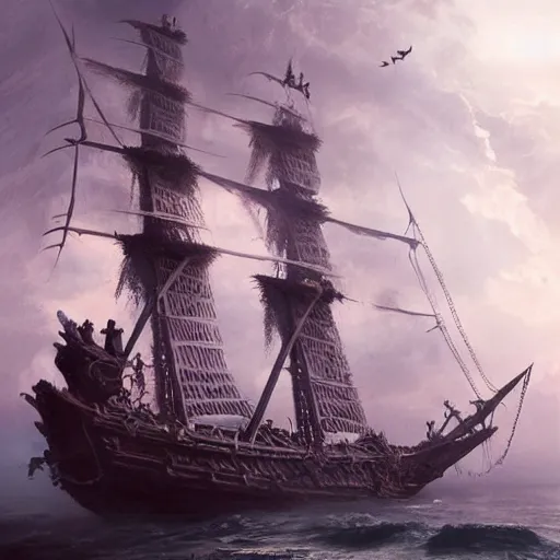 Image similar to detailed pirate ship made out of feathers by greg rutkowski, enigmatic atmosphere, beautiful and cinematic lighting, artstation hq.