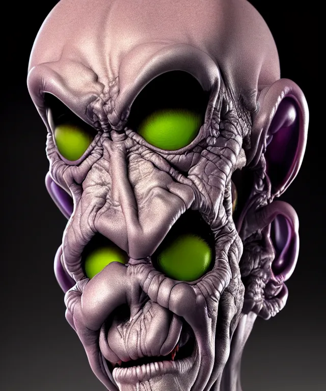 Image similar to hyperrealistic rendering, grey alien, by art of skinner and richard corben and jeff easley, product photography, action figure, sofubi, studio lighting, colored gels