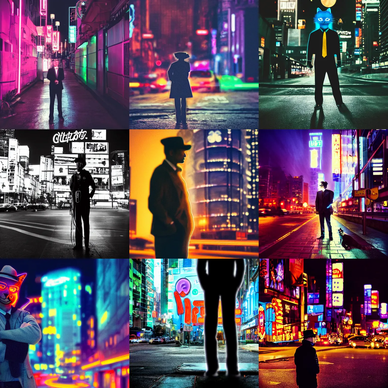 Prompt: a photograph of a cat detective standing outside a city with neon lights