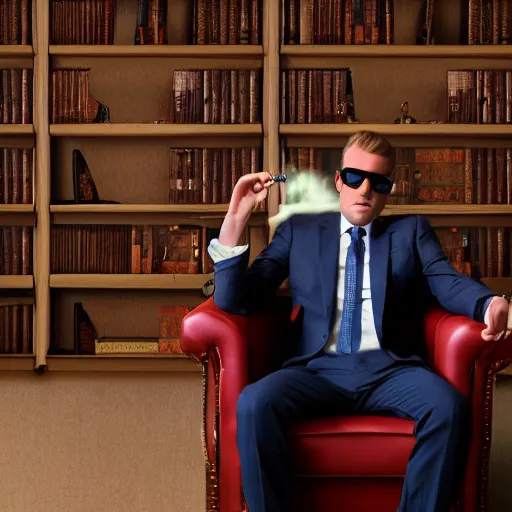 Prompt: moody portrait of a business man sitting in armchair in home library. camera is right in front of him. very symmetric face. he has serious expression. he is staring right into camera. he is wearing suit and tie and sunglasses. he is holding a cigar in his hand. smoke machine effects, the light is dim, and the colours are muted, studio photography