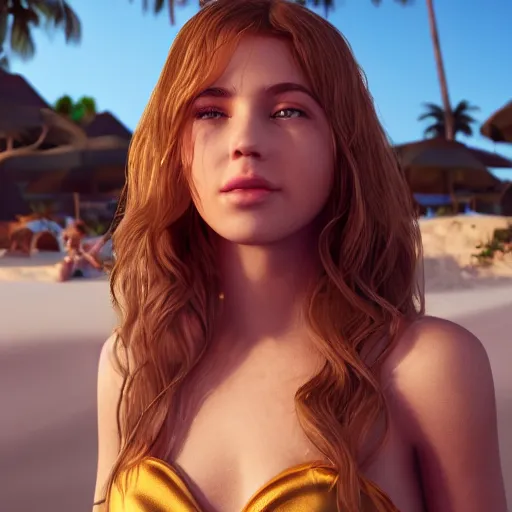 Prompt: Render of a very beautiful film star, long hair, hazel eyes, cute freckles, full round face, short smile, cute sundress, golden hour, serene beach setting, medium shot, mid-shot, highly detailed, trending on Artstation, Unreal Engine 4k