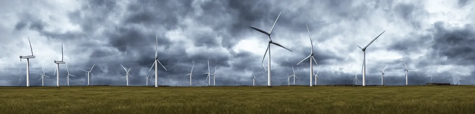 Prompt: Stormy sky with the lightings in the clouds, blueshift render, just 1 wind turbine in the background, depth of field, pipes and vaults on the ground, photorealistic, photo lense, focus, Full HD, 1128x191 resolution