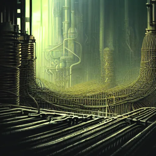 Image similar to futuristic dystopian endless, intricate, complex, labyrinthine, byzantine, tangled, industrial megafactory complex, smokestacks, pipelines and ducts and vents, matte painting, steampunk, smoke, night, gloomy, dark, dramatic, cinematic, volumetric lighting, gods eye view