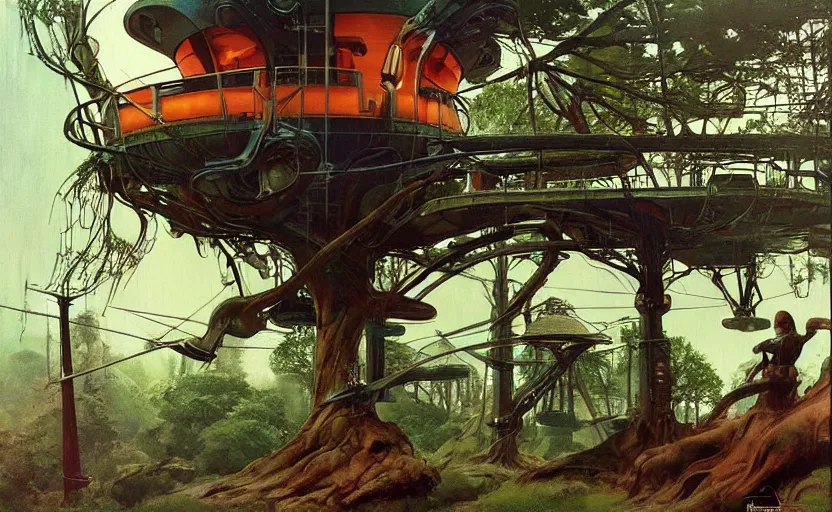 Image similar to a scene of futuristic treehouse surrounded by ancient technology. highly detailed science fiction painting by norman rockwell, frank frazetta, and syd mead. rich colors, high contrast, gloomy atmosphere, dark background. trending on artstation