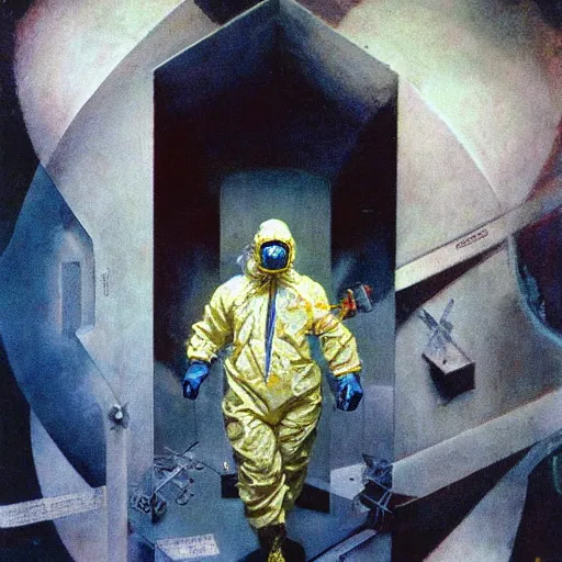 Prompt: portrait of a scientist in a hazmat suit entering the geometric fractal prism dimensional gateway by frank frazetta