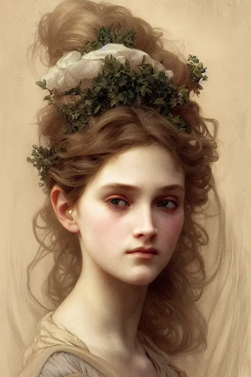 Image similar to Portrait of beautiful pale peasant girl, cinematic lighting, intricate, elegant, highly detailed, digital painting, artstation, smooth, sharp focus, illustration, art by artgerm and greg rutkowski and alphonse mucha and Wayne Barlowe and william-adolphe bouguereau